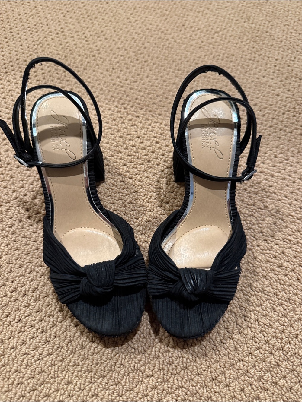 Jewel Badgley Mischka Black Knotted Open-Toe Ankle-Strap Heels